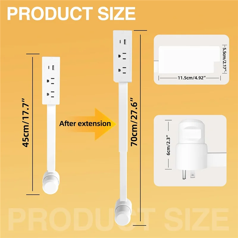 JHD 2 AC Outlet Extender Feature USB-A,USB-C- 22" for to 27" Extension, US Plug for Reachable Spaces