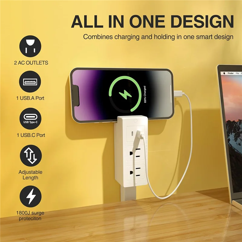 JHD 2 AC Outlet Extender Feature USB-A,USB-C- 22" for to 27" Extension, US Plug for Reachable Spaces